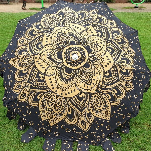 Garden Umbrella Parasol Big Garden Umbrella, 100% Cotton Patio Umbrella, Sun Shade Parasols,Formal Event/Birthday/Wedding/Mandala Black Gold