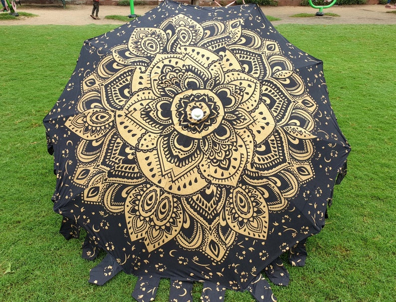 Garden Umbrella Parasol Big Garden Umbrella, 100% Cotton Patio Umbrella, Sun Shade Parasols,Formal Event/Birthday/Wedding/Mandala Black Gold image 1