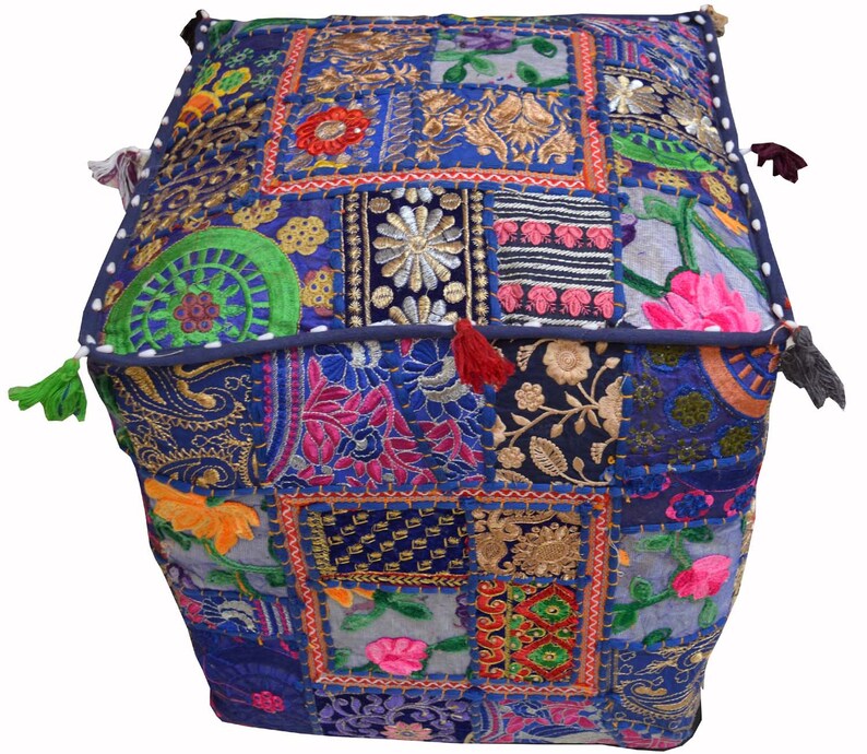New Indian Handmade Patchwork Square Pouf Cover Home Decor Blue Color 16x16