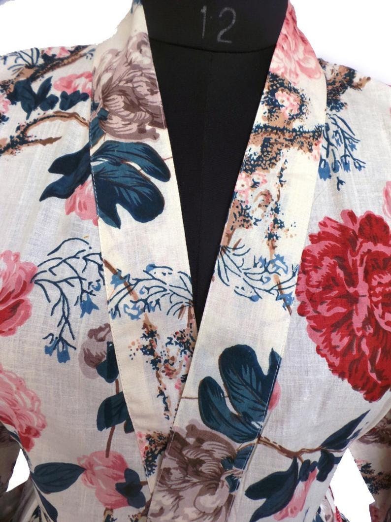 Handmade floral print Cover up Bath Robes,Beach Wear Dress Gift for her Wedding Bridal Robe Bridesmaids Sleepwear Long Cotton Kimono