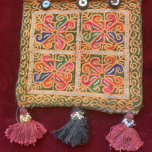 Afghan Kuchi tassel embroidered ethnic bag pouch necklace  shaman tribal vintage #315. FREE shipping in USA