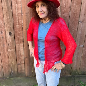 SALE  red   knit shrug Bolero   3/4 cardigan - one size versatile stretchy bridesmaids- wedding cruise wear -# 12- 08KS Free shipping in USA