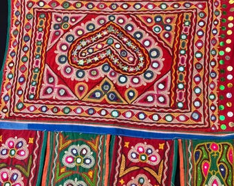 Gujarati  Indian Banjara vintage hand work embroidered  traditional design toran/valence.  decorative art. 19 x 22 .  # 192 A