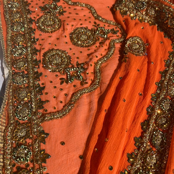 Bollywood vintage tangerine orange bead and jeweled dance costume dupatta shawl# 274 D Free shipping in USA