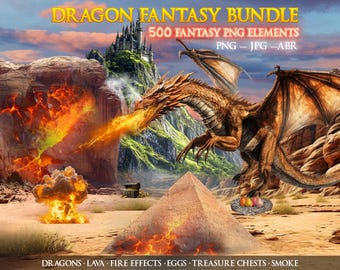 500+ Dragon Fantasy Bundle, Dragons Scale, Reptile Skin, Fire, Castles, Ruins, Treasure, Photoshop Brushes