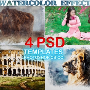 4 Watercolor Effects, Photoshop PSD Template, Watercolor Painting Action, Photoshop Oil Paint Action, Photoshop  Watercolor Artwork