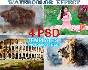 May include: Four Photoshop templates for creating watercolor effects. The templates feature a variety of images, including a brown animal, a woman in a pink dress, a building, and a lion.