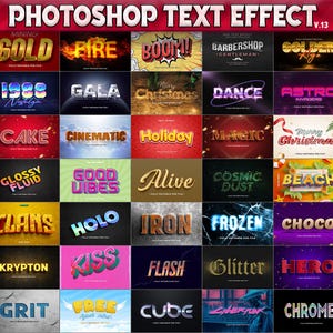 May include: A grid of text effects for Photoshop, each with a unique style. Effects include "Gift," "Gold," "Fire," "Boom," "Luxury," "1988," "Gala," "Christmas," "Dance," and "Astro."