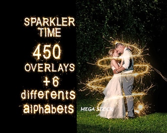 450 Sparkler Photo Overlays, Wedding Sparklers Effects, Light shapes, Alphabet, PNG