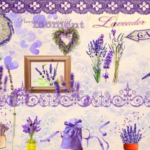 Puede incluir: Una imagen de inspiraci&oacute;n vintage con un tema de lavanda. Presenta un reloj, un cuadro enmarcado con una imagen de lavanda, una corona de lavanda, una casita de p&aacute;jaros, un cartel que dice "Lavender Fields Garden" y varios ramos de lavanda. La imagen tiene un fondo rosa claro con un borde de encaje morado.