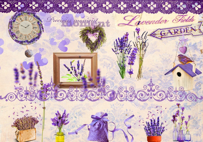 Puede incluir: Una imagen de inspiraci&oacute;n vintage con un tema de lavanda. Presenta un reloj, un cuadro enmarcado con una imagen de lavanda, una corona de lavanda, una casita de p&aacute;jaros, un cartel que dice "Lavender Fields Garden" y varios ramos de lavanda. La imagen tiene un fondo rosa claro con un borde de encaje morado.