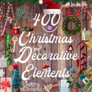 May include: A collection of 400 Christmas decorative elements, including ornaments, wreaths, ribbons, and figurines. The image features a wooden background with a variety of festive decorations.