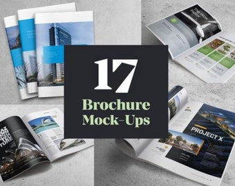 Könnte beinhalten: Eine Sammlung von 17 Broschüren-Mockups, die verschiedene Layouts und Designs zeigen. Die Mockups zeigen verschiedene Bilder und Texte, darunter eine Stadtlandschaft, ein Gebäude, ein Boot und die Worte "Projekt X".