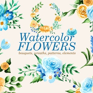 Watercolor flowers, floral clip art, bouquets, floral border, handpainted flower, watercolor wreaths, hand paint illustration, yellow, blue