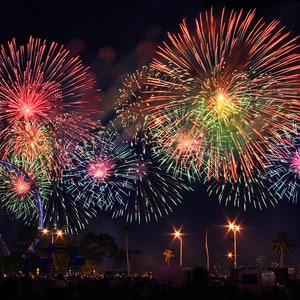 May include: A night sky filled with colorful fireworks exploding over a Ferris wheel and a crowd of people. The fireworks are red, green, blue, and yellow.