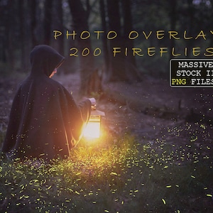 Può includere: Una persona con un mantello scuro con cappuccio tiene una lanterna in una foresta buia. Il terreno è ricoperto di lucciole luminose. Il testo "PHOTO OVERLAYS 200 FIREFLIES MASSIVE STOCK II PNG FILES" è visualizzato nella parte superiore dell'immagine.