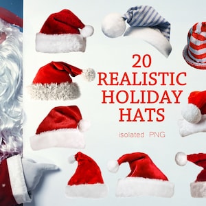 May include: A collection of 20 realistic holiday hats in various styles, including Santa hats, striped hats, and elf hats. The hats are isolated on a white background and are ideal for adding a festive touch to your holiday crafts or designs.