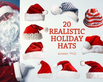 20 Christmas Hats Photo Overlays PNG, Santa Hat Clipart, Holiday Photo Effects,   Festive Decorations