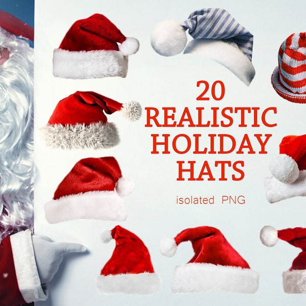 20 realistische Weihnachtsmützen, Photoshop Overlay, Weihnachten Overlays Dekoration, Feiertage, Santa digitale rote Mütze, Xmas Hut Fotografie Clipart