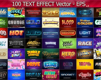 100 Vector Text Effects, Editable EPS Vector Illustrations, 3D Typography Templates, Golden, Cinematic, Game