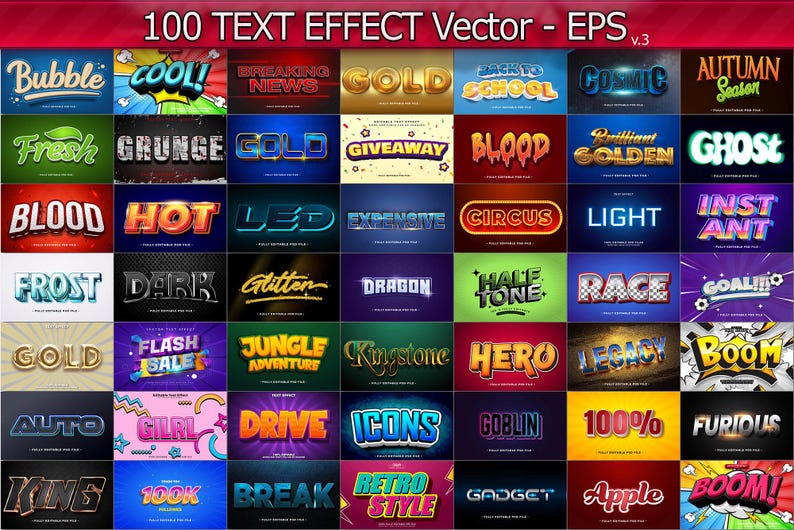100 Vector Text Effects, Editable EPS Vector Illustrations, 3D ...