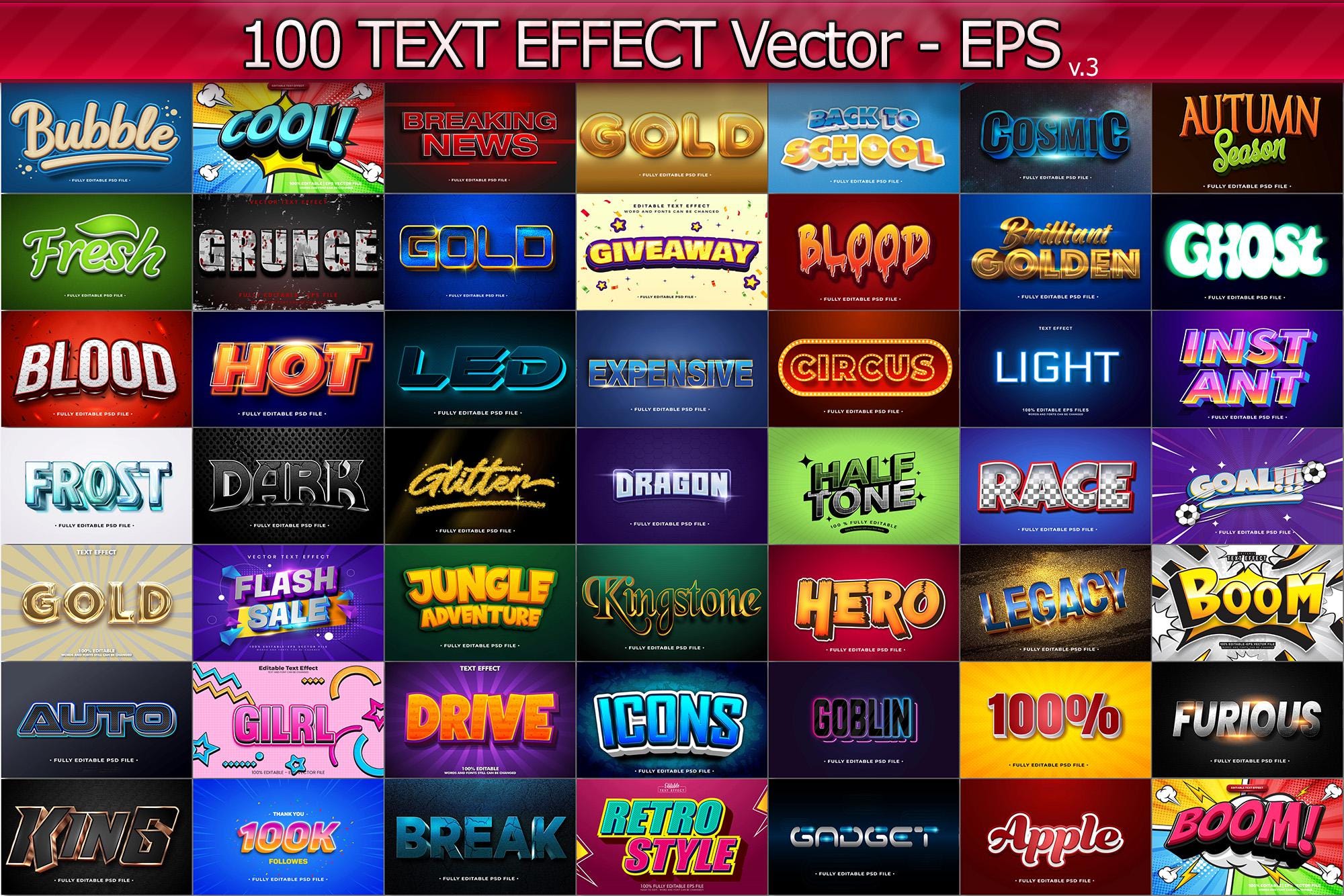100 Vector Text Effects, Editable EPS Vector Illustrations, 3D ...