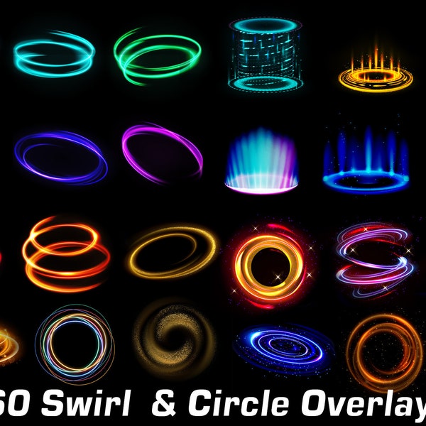 60 Lights Circle Overlays, Neon glowing swirls, Golden spiral photo overalys, magic portal overlay, Golden bright circle, shining light PNG