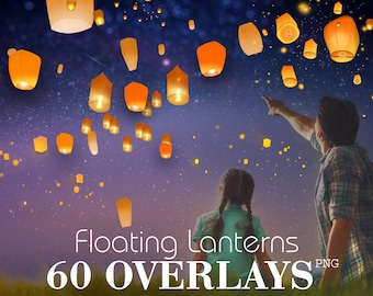 60 Sky Lanterns Overlays, Sky lanterns festival, Flying lanterns, Floating lanterns, light night effect, holiday overlays, Photo Overlays