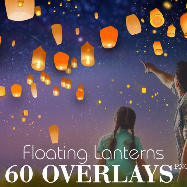 60 Sky Lanterns Overlays, Sky lanterns festival, Flying lanterns, Floating lanterns, light night effect, holiday overlays, Photo Overlays