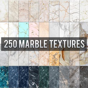 May include: A grid of marble textures in various colors and patterns. The image features a variety of marble styles, including white, beige, gray, and blue, with veining and patterns. The text "250 MARBLE TEXTURES" is displayed across the center.
