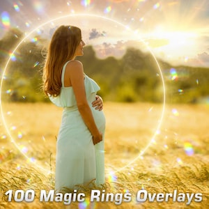 May include: A pregnant woman in a light blue dress stands in a field of tall grass. She is surrounded by a glowing ring of light with rainbow colors. The background is a blurry image of a sunset.