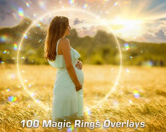 May include: A pregnant woman wearing a light blue dress stands in a field of tall grass. She is surrounded by a glowing ring of light with rainbow colours. The background is a blurry image of a sunset.