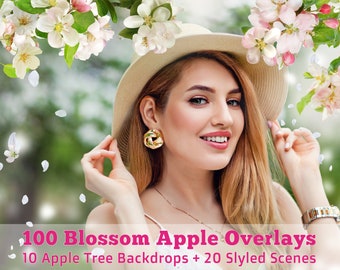 100 Blooming Tree Apple Branch Overlays, Flowering Trees, Spring Backdrop, Digital Flower Branches, Apple Blossom Overlays, White orchard