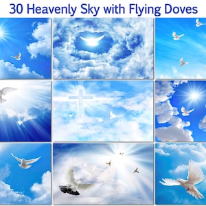 30 Heavenly Sky, Sunny blue sky, Flying Dove Faith Symbols, White pigeons, wings open, Digital Sky background, Photography skies overaly