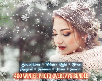 400 Winter Photo Overlays Bundle, Snowflakes Frames, Magic Wind, Falling Snow, Forst Overlays, Winter Lights, Winter Frames (PNG - JPG)