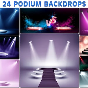 24 Podium backdrops, Digital birthday stand, Empty stage platform, Confetti overalys, Scene Rays, Celebration Pedestal, Winner, Spotlight