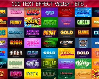 100 Vector Text Effects, Editable EPS Vector Illustrations, 3D Typography Templates, Golden, Comic, Game
