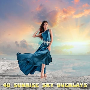 May include: A woman in a blue dress stands on a beach with a sunrise sky in the background. The sky is a mix of pink, orange, and yellow. The woman is looking at the camera. The text "40 SUNRISE SKY OVERLAYS" is at the bottom of the image.