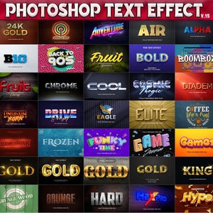 Puede incluir: Una cuadrícula de efectos de texto para Photoshop, mostrando varios estilos como "EIGHTY", "24K GOLD" y "ADVENTURE". Cada efecto se muestra con un diseño, esquema de color y fuente únicos, adecuados para proyectos de diseño gráfico.