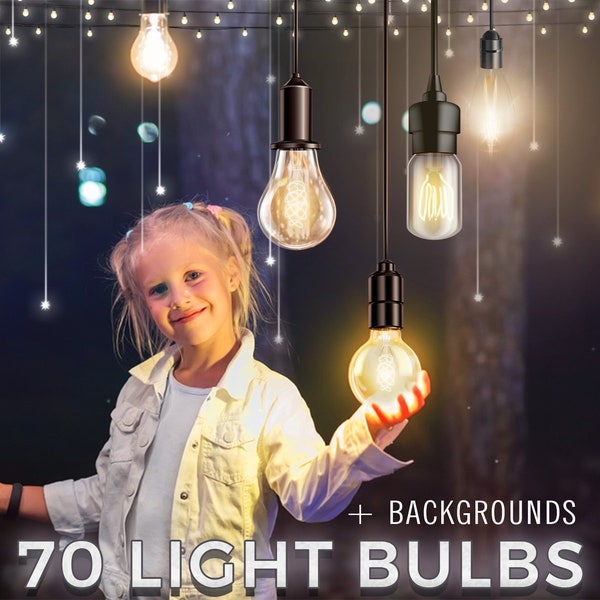 70 Soft Glow Light Bulbs, Bulb Object Isolated, Transparent PNG, String Lights Overlays, Electrical Illuminated Bulb, Inspiration Idea