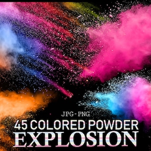 Könnte beinhalten: Eine Sammlung von 45 bunten Pulverexplosionen vor schwarzem Hintergrund. Das Pulver ist in verschiedenen Blautönen, Rosa, Orange, Gelb und Lila. Der Text "45 COLORED POWDER EXPLOSION" ist in Weiß mit einem rosa-blauen Streifenmuster geschrieben.