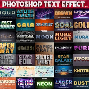 100 effetti di testo Photoshop premium, effetti di testo 3D completamente modificabili, stili di livello, modello di mockup di testo PSD, cinematografico, oro, argento, neon