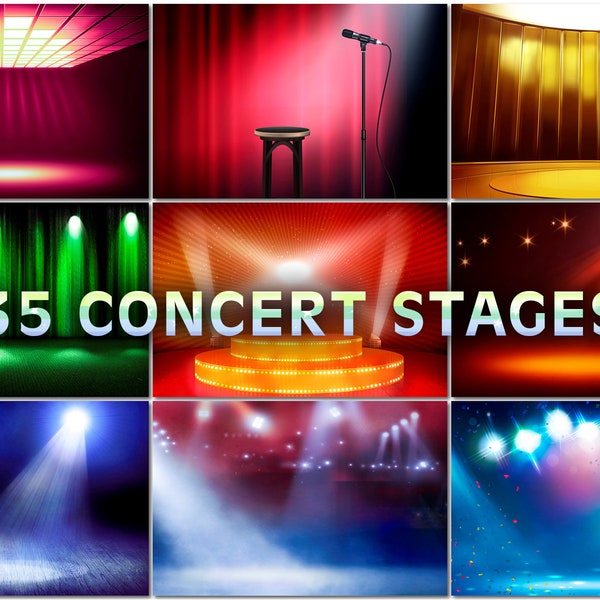 35 Concert Stages backdrops, Digital empty platform, Illuminated curtain, Shiny Spotlight background, Glowing podium, spot lighting awards