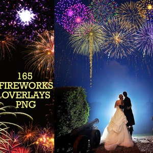 May include: A composite image featuring colorful fireworks overlays against a dark night sky. The image includes a couple in formal attire, a bride and groom, silhouetted in front of the fireworks display. Text reads "165 Fireworks Overlays PNG."
