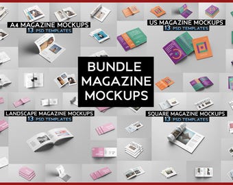 Magazine Mockup Bundle PSD Templates, A4 Editable Magazine Mockups, Square Print Branding, Landscape Presentation