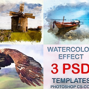 3 Watercolor Effects, Photoshop PSD Template, Watercolor Painting Action, Photoshop Oil Paint Action, Photoshop  Watercolor Artwork