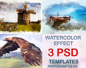 May include: Three Photoshop templates for creating a watercolor effect. The templates feature a windmill, a boat on a lake, and a bird in flight. The text "WATERCOLOR EFFECT 3 PSD TEMPLATES PHOTOSHOP CS-CC" is displayed on a pink background.