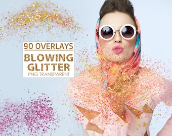 90 Glitter Photoshop Overlays, Blowing Confetti Effects, PNG
