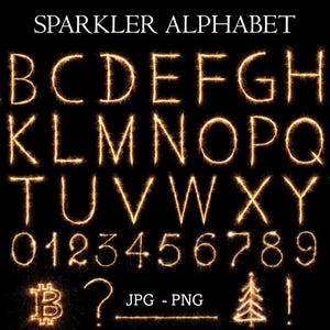 May include: A sparkler alphabet with letters A through Z and numbers 0 through 9. The letters and numbers are written in a gold color against a black background. The word "SPARKLER ALPHABET" is written in white at the top of the image. The image also includes a sparkler depiction of a dollar sign, a question mark, a Christmas tree, and an exclamation point.