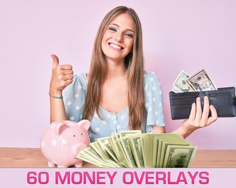 60 nakładek PNG z pieniędzmi, efekty gotówkowe w Photoshopie, waluta USD, rolki dolarowe, worki z pieniędzmi, bogactwo